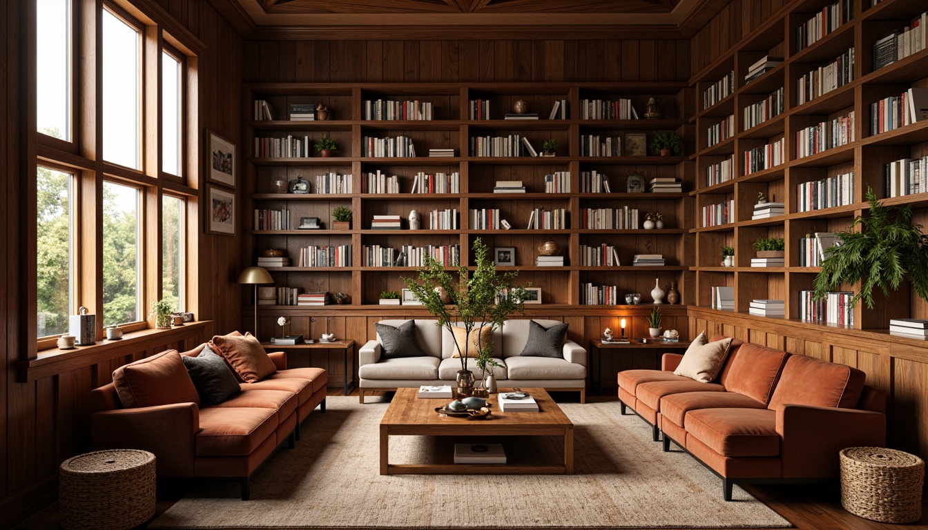 Prompt: Warm wooden bookshelves, plush armchairs, soft velvet sofas, rustic coffee tables, vintage floor lamps, rich leather ottomans, cozy reading nooks, woven baskets, natural fiber rugs, earthy color palette, warm golden lighting, 1/2 composition, shallow depth of field, realistic textures, ambient occlusion.