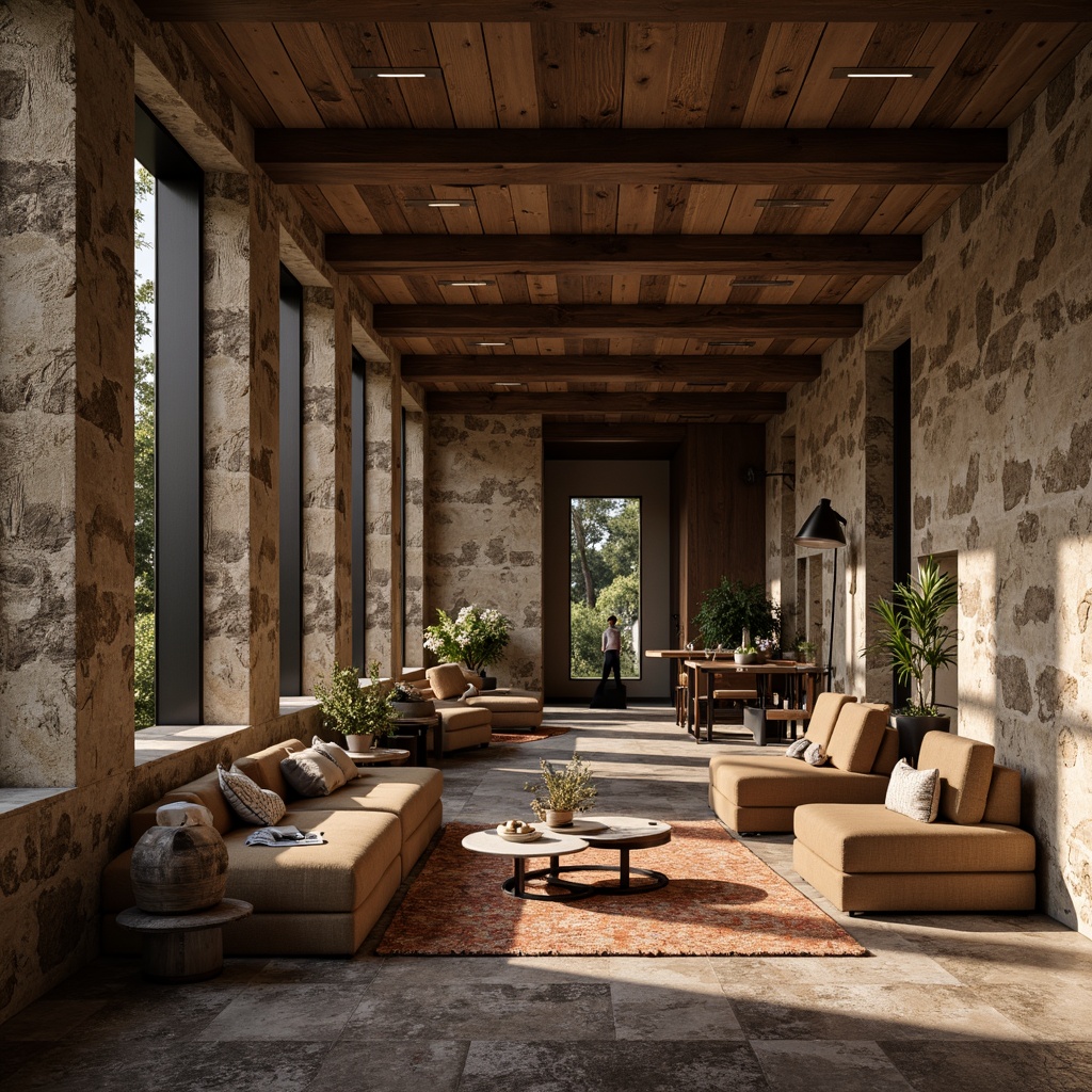 Prompt: Luxurious interior space, rich textural contrast, velvety soft carpets, rugged stone walls, polished wooden floors, matte metal accents, smooth glass surfaces, warm ambient lighting, cozy seating areas, plush upholstery, natural fiber rugs, tactile experiences, inviting atmosphere, 3/4 composition, shallow depth of field, realistic textures, subtle color palette.