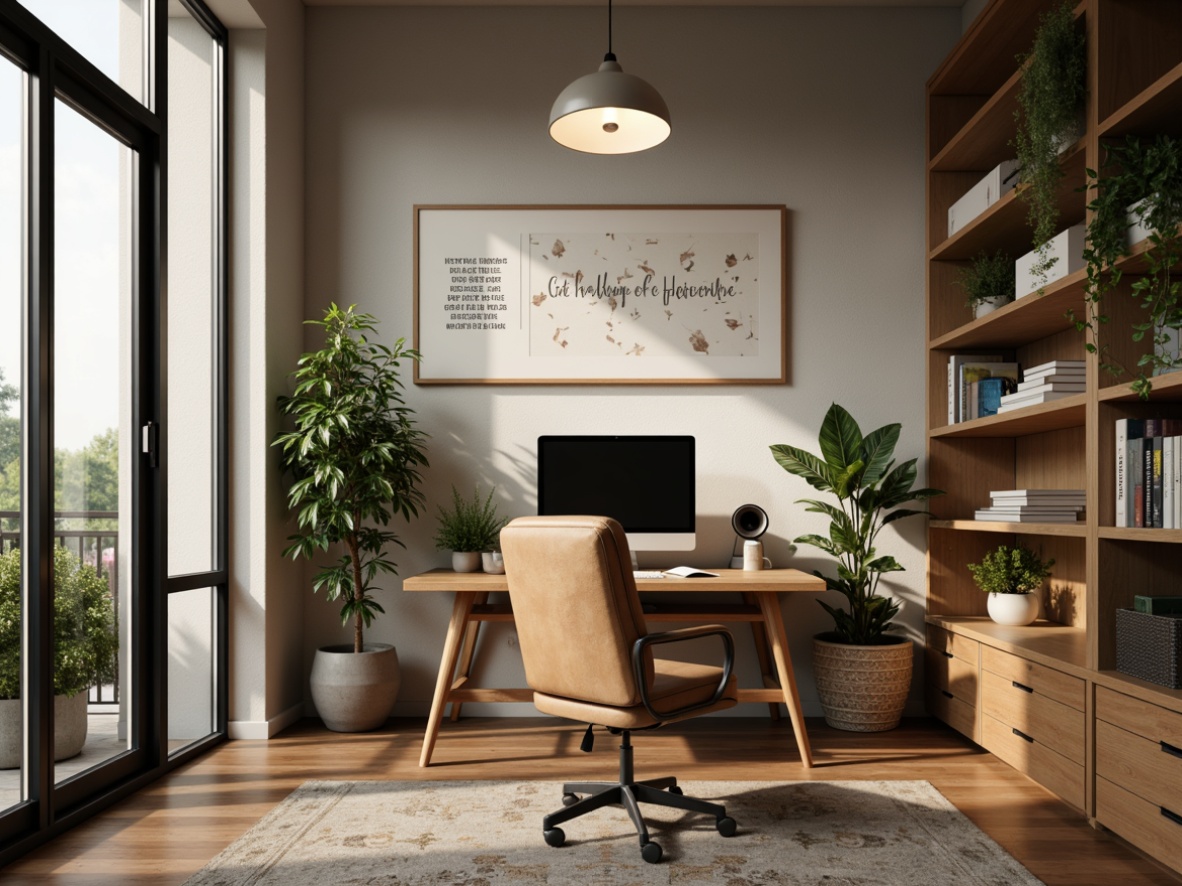 Prompt: Cozy home office, wooden desk, ergonomic chair, sound-absorbing panels, acoustic foam, diffusion patterns, calming greenery, natural textiles, warm lighting, shallow depth of field, 1/2 composition, realistic render, soft focus, ambient occlusion, modern minimalist decor, functional shelving, organized storage, inspirational quotes, soothing color palette.