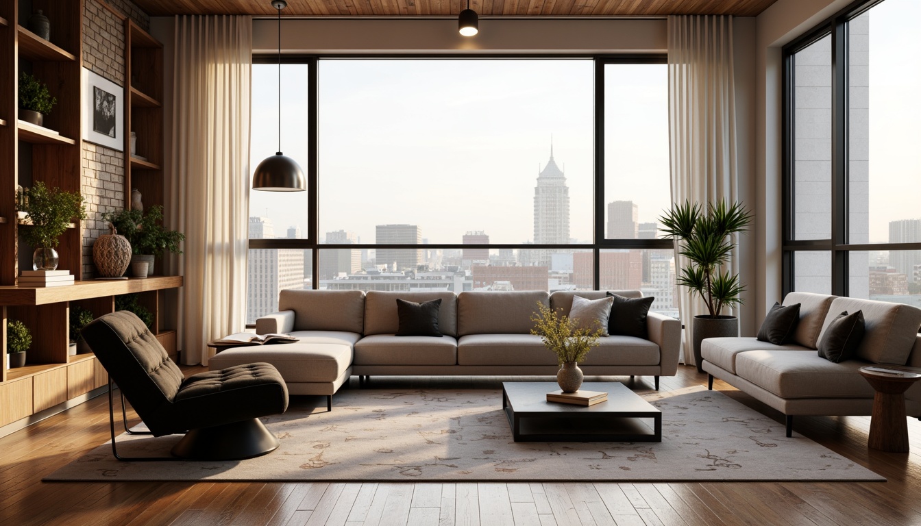 Prompt: Mid-century modern living room, wooden floorboards, minimalist decor, sleek low-profile sofa, tufted velvet armchair, geometric patterned rug, industrial metal coffee table, pendant lighting fixtures, natural stone wall accents, floor-to-ceiling windows, cityscape views, soft warm glow, shallow depth of field, 1/2 composition, realistic textures, ambient occlusion.