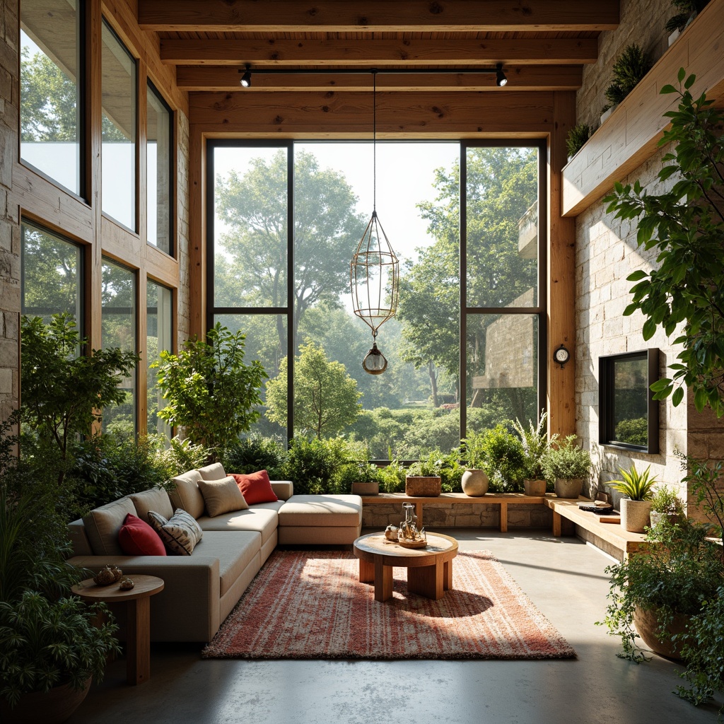 Prompt: Vibrant living room, floor-to-ceiling windows, minimal obstruction, unobstructed views, natural stone walls, wooden accents, earthy color palette, abundant greenery, potted plants, hanging terrariums, soft warm lighting, gentle shadows, 1/1 composition, shallow depth of field, realistic textures, ambient occlusion.