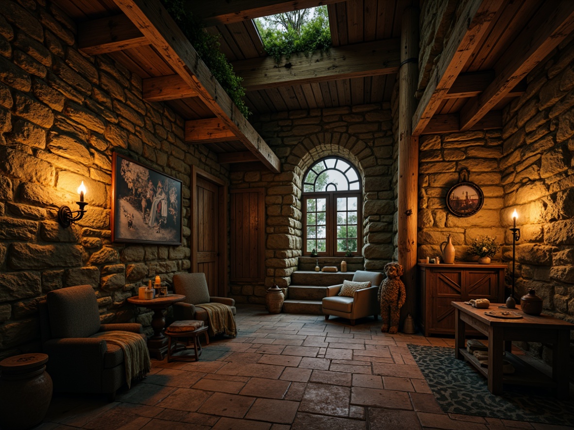 Prompt: Rugged character, earthy tone, rough-hewn stone walls, moss-covered surfaces, worn wooden accents, distressed metal details, vintage-inspired props, mystical atmosphere, warm torch lighting, dramatic shadows, cinematic composition, high contrast ratio, gritty realistic textures, ambient occlusion.