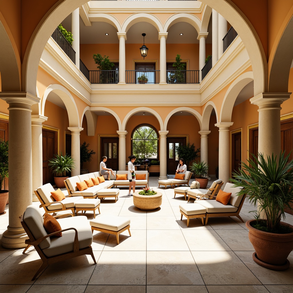 Prompt: Vibrant youth center, classicism style, warm beige walls, soft creamy columns, ornate golden details, rich wood accents, comfortable lounge seating, natural stone flooring, earthy terracotta pots, lush greenery, sunny atrium, warm white lighting, shallow depth of field, 1/2 composition, harmonious color palette, realistic textures, ambient occlusion.