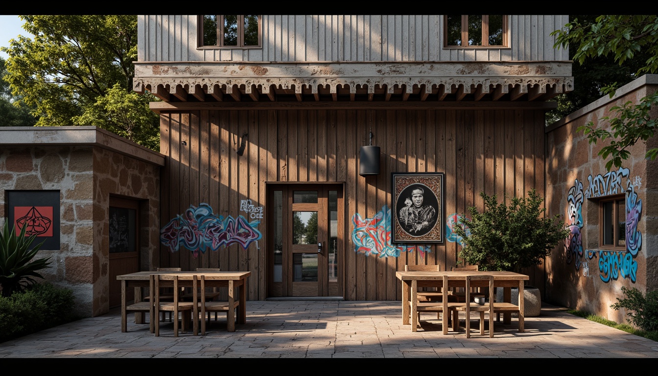 Prompt: Rustic wooden planks, distressed metal panels, rough stone walls, intricately carved facades, ornate cornices, vibrant graffiti murals, eclectic mix of materials, industrial chic aesthetic, atmospheric lighting, dramatic shadows, 1/2 composition, cinematic framing, realistic textures, subtle ambient occlusion.