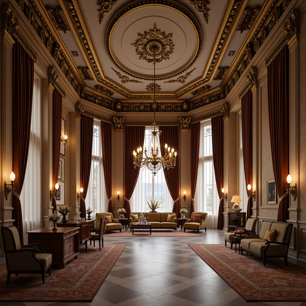 Prompt: Elegant classic interior, ornate moldings, luxurious velvet drapes, intricately carved wooden panels, subtle gold leaf accents, refined plasterwork, ornamental ceiling medallions, crystal chandeliers, majestic floor-to-ceiling windows, soft warm lighting, shallow depth of field, 3/4 composition, realistic textures, ambient occlusion.