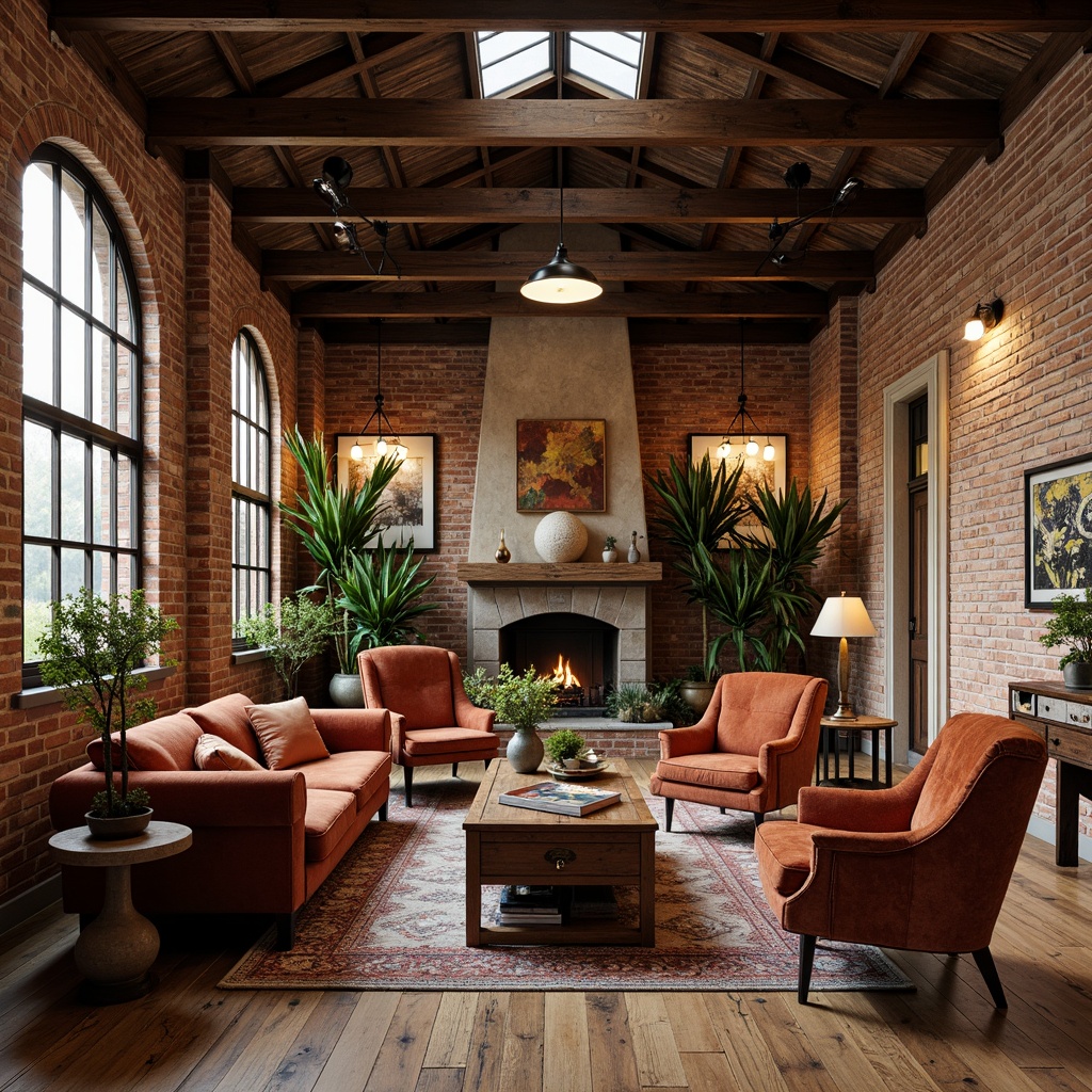 Prompt: Warehouse interior, exposed brick walls, metal beams, reclaimed wood floors, Art Nouveau-inspired furniture, ornate metalwork, flowing organic lines, luxurious velvet upholstery, rich wooden tones, antique bronze accents, vintage industrial lighting, distressed leather sofas, elegant coffee tables, decorative ceramic vases, lush greenery, natural stone accents, warm cozy atmosphere, soft golden lighting, 1/1 composition, realistic textures, ambient occlusion.