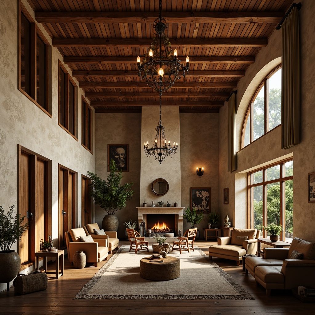 Prompt: Rustic hall interior, warm earthy tones, wooden accents, natural stone walls, cozy fireplaces, vintage furniture, distressed textures, soft candlelight, warm beige color palette, rich walnut wood, creamy whites, muted sage greens, weathered metal fixtures, aged leather upholstery, ornate wooden ceilings, grand chandeliers, luxurious velvet drapes, dramatic archways, ambient warm lighting, shallow depth of field, 1/2 composition, realistic renderings.