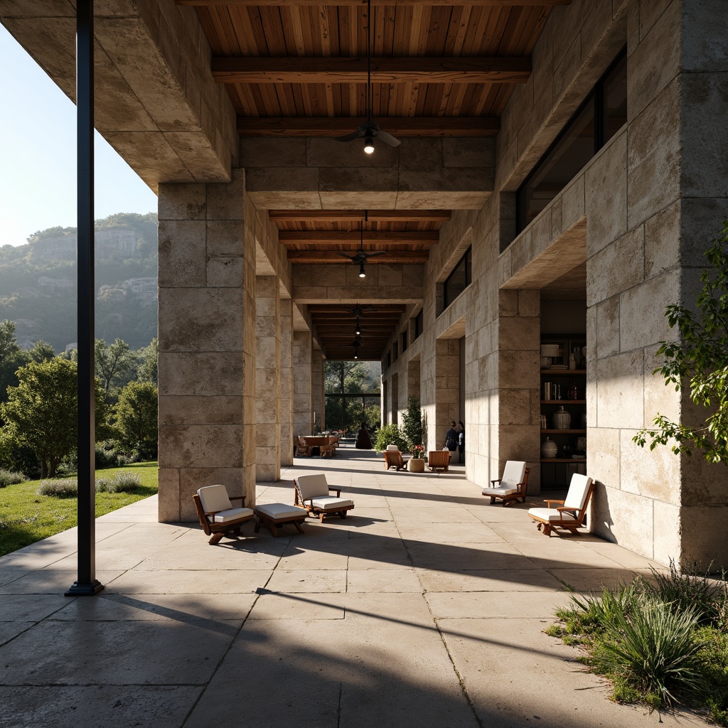 Prompt: Rugged villa, brutalist architecture, rough-hewn stone walls, raw concrete floors, weathered wooden beams, industrial metal accents, oversized windows, minimalist decor, sparse greenery, dramatic shadows, warm ambient lighting, shallow depth of field, 2/3 composition, cinematic view, realistic textures, ambient occlusion.