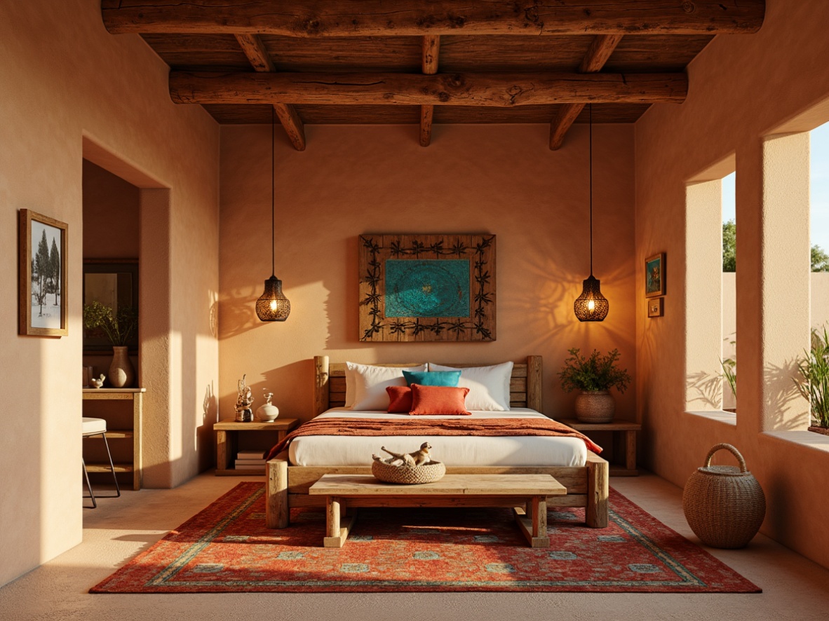 Prompt: Earthy southwestern bedroom, warm adobe walls, rustic wooden furniture, vibrant turquoise accents, soft sandy beige floors, natural woven textiles, bold red and orange hues, subtle geometric patterns, rich cultural inspirations, cozy ambiance, warm golden lighting, shallow depth of field, 1/2 composition, atmospheric perspective.