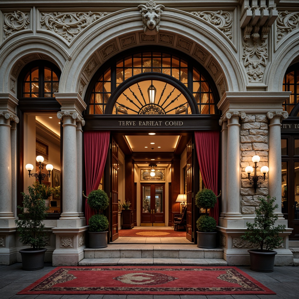 Prompt: Ornate Victorian clinic facade, intricately carved stonework, decorative cornices, arched windows, ornamental brick patterns, grand entrance doors, polished wooden accents, luxurious velvet curtains, richly patterned carpets, intricate moldings, warm golden lighting, shallow depth of field, 1/2 composition, realistic textures, ambient occlusion.