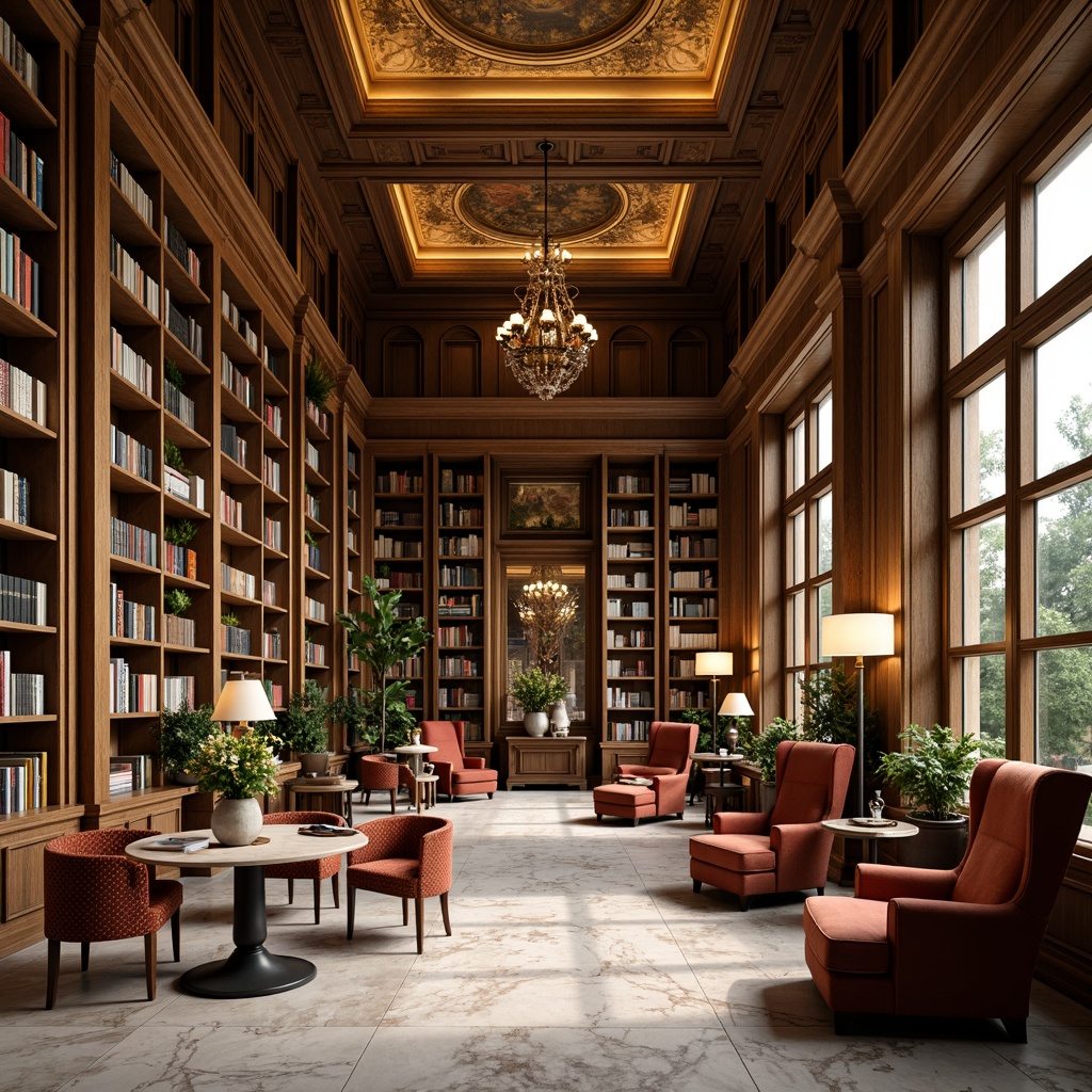 Prompt: Rich wooden bookshelves, warm golden lighting, cozy reading nooks, plush velvet armchairs, vintage leather-bound books, elegant marble floors, soft muted colors, earthy tones, mossy greens, creamy whites, rustic wood accents, ornate metal fixtures, subtle texture overlays, dramatic ceiling heights, grand chandeliers, sophisticated color harmony, balanced composition, 1/2 camera angle, shallow depth of field, warm color temperature.