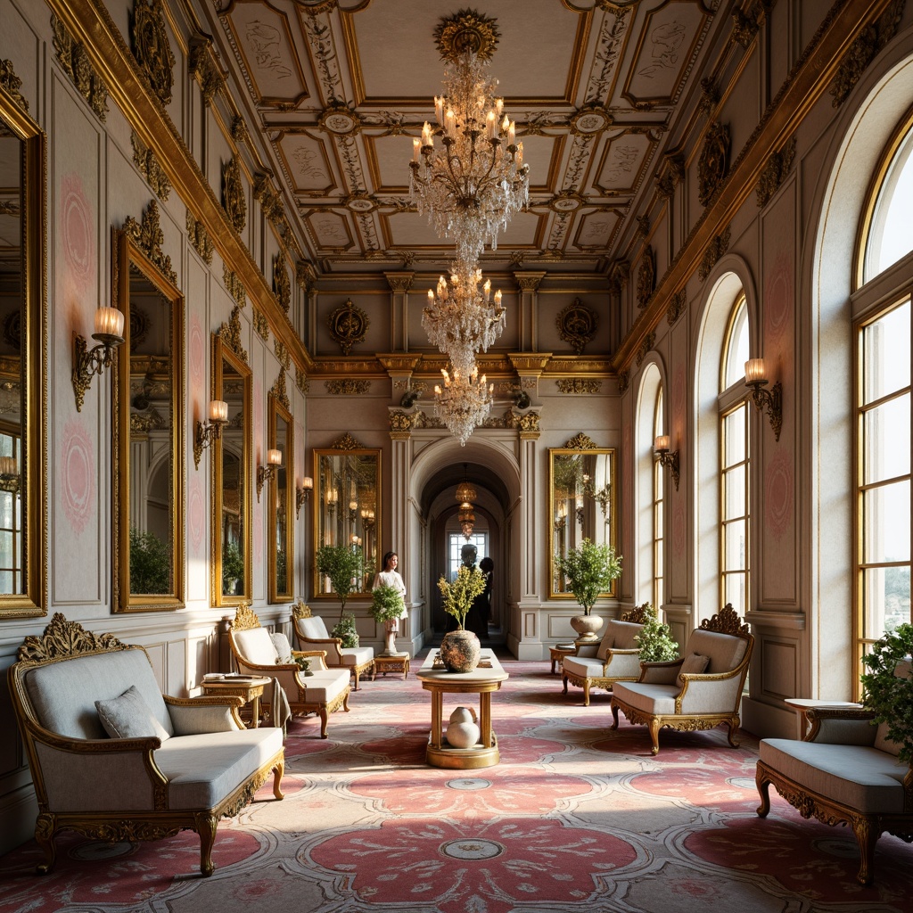 Prompt: Opulent palace interior, grandiose chandeliers, intricately carved wooden paneling, gilded mirrors, ornate furnishings, delicate porcelain vases, lavish silk fabrics, soft pastel colors, curved lines, shell-shaped motifs, whimsical patterns, dramatic lighting, warm candlelight, shallow depth of field, 1/2 composition, detailed textures, ambient occlusion.