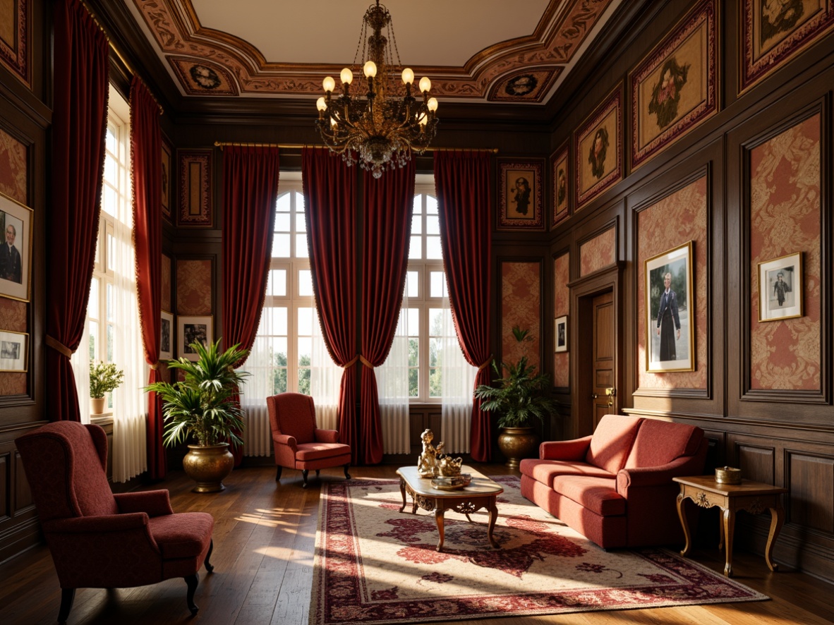 Prompt: Ornate Victorian mansion, intricately patterned wallpaper, rich wood paneling, ornamental plasterwork, decorative molding, luxurious velvet drapes, antique furnishings, vintage accessories, warm golden lighting, soft focus, shallow depth of field, 1/1 composition, realistic textures, ambient occlusion.