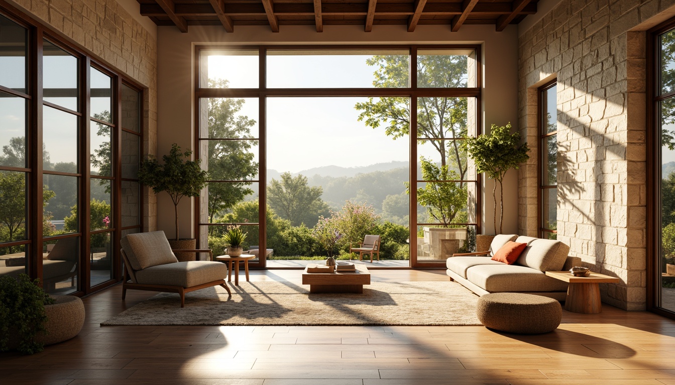 Prompt: Vibrant living room, large windows, natural stone walls, wooden floors, minimalist decor, soft warm lighting, shallow depth of field, 3/4 composition, panoramic view, realistic textures, ambient occlusion, morning sunbeams, gentle shadows, greenery views, blooming flowers, serene atmosphere, airy feel, eco-friendly materials, sustainable design solutions, energy-efficient systems.