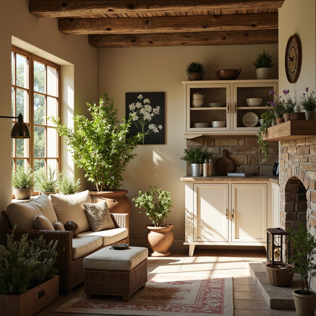 Prompt: Rustic farmhouse, earthy tones, weathered wood accents, vintage metal decorations, lush greenery, wildflowers, soft sunlight, warm beige walls, distressed wooden beams, natural stone fireplaces, plush linen upholstery, creamy white cabinets, antique furniture pieces, botanical prints, woven textiles, nature-inspired color palette, muted pastel hues, soft peach tones, mossy greens, dusty blues, warm terracotta, cozy ambiance, inviting atmosphere, soft focus, warm lighting, 3/4 composition, rustic textures, natural materials.