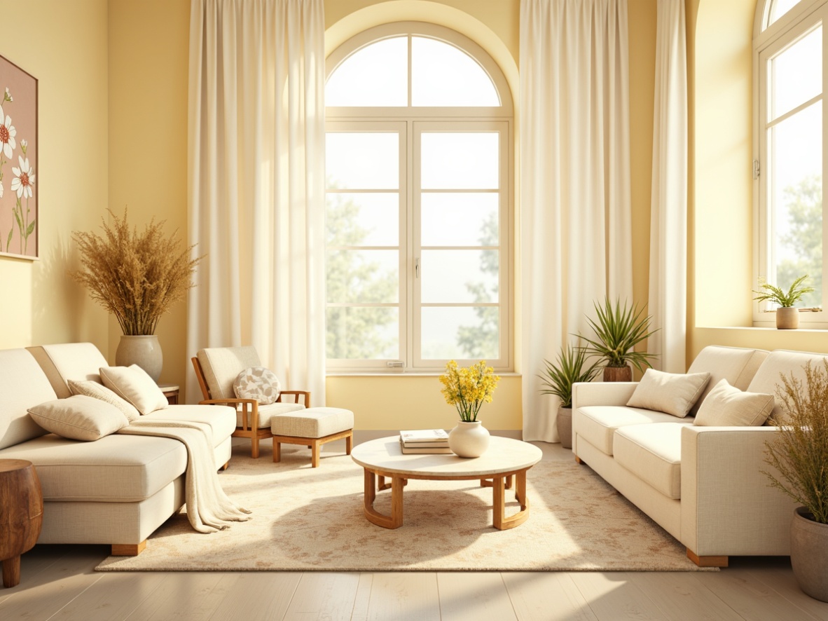 Prompt: Soft warm lighting, light yellow tone walls, creamy whites, pale golden accents, gentle beige furniture, natural wood textures, subtle gradient effects, pastel color scheme, delicate floral patterns, whimsical illustrations, airy atmosphere, shallow depth of field, 1/1 composition, realistic renderings, ambient occlusion.