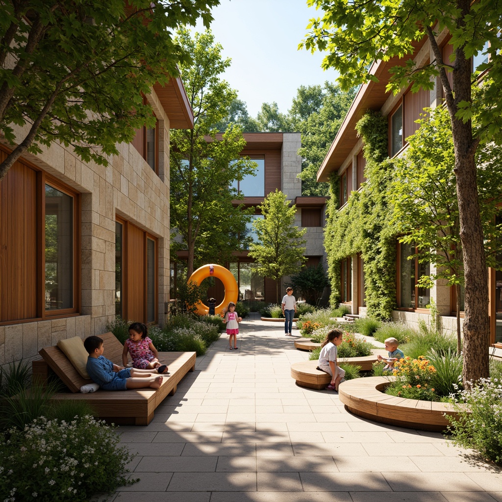 Prompt: Cozy kindergarten, natural stone walls, wooden accents, living green walls, vibrant flower planters, butterfly-shaped playground equipment, winding tree branches, organic shapes, earthy color palette, soft warm lighting, shallow depth of field, 3/4 composition, panoramic view, realistic textures, ambient occlusion.