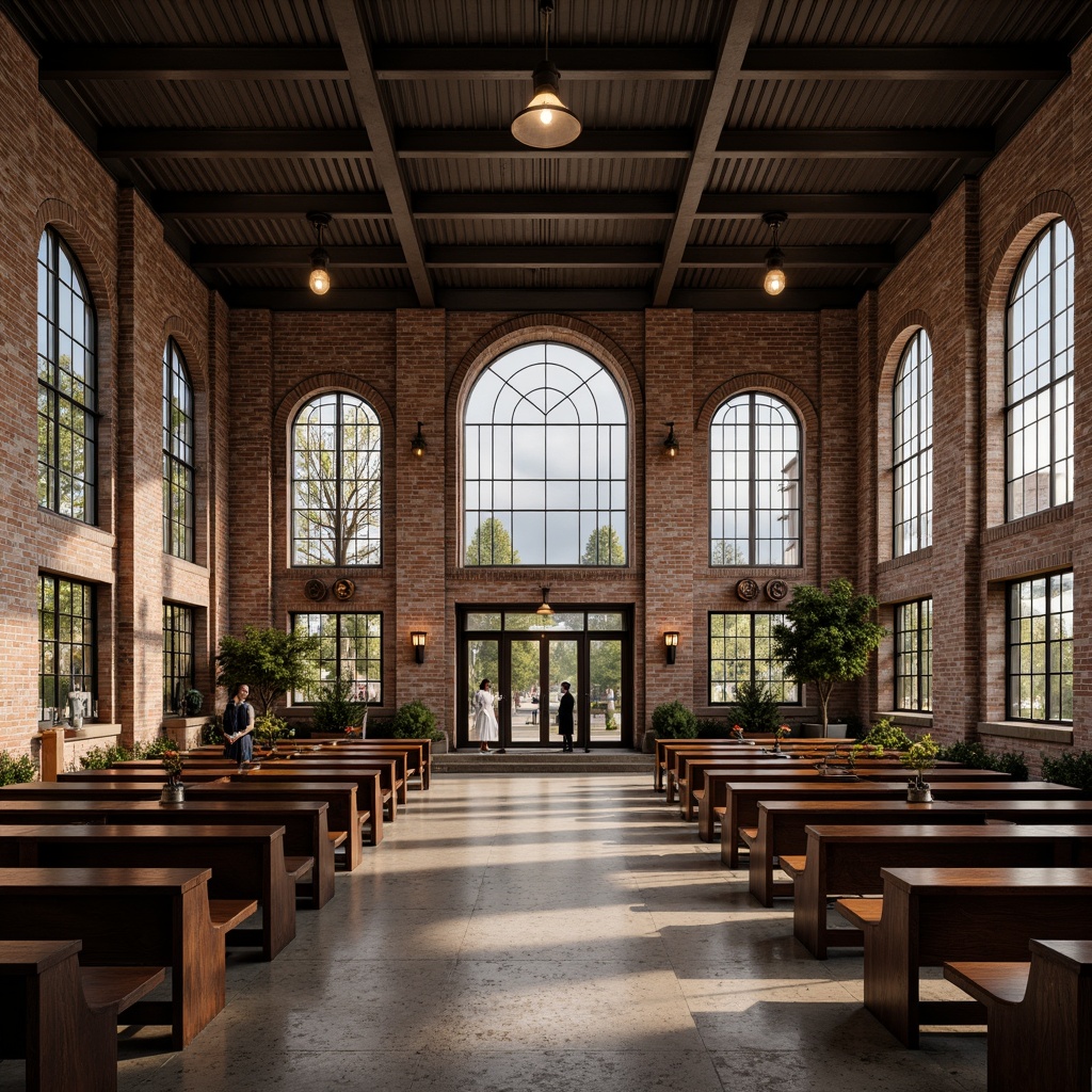 Prompt: Rustic church, industrial accents, exposed brick walls, metal beam ceilings, reclaimed wood pews, vintage lighting fixtures, distressed stonework, arched windows, stained glass details, earthy color palette, natural textiles, aged copper accents, urban landscape, cloudy sky, dramatic shadows, warm softbox lighting, 1/1 composition, symmetrical framing, realistic renderings, subtle atmospheric effects.