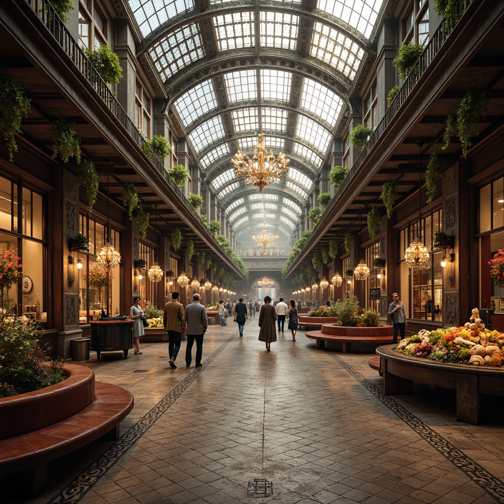 Prompt: Grandiose market hall, ornate ironwork, flowing Art Nouveau lines, organic motifs, stained glass ceilings, intricate mosaics, lavish chandeliers, curved wooden benches, ornamental tile floors, rich velvet drapes, gilded accents, soft warm lighting, atmospheric fog, 1/1 composition, realistic textures, ambient occlusion.