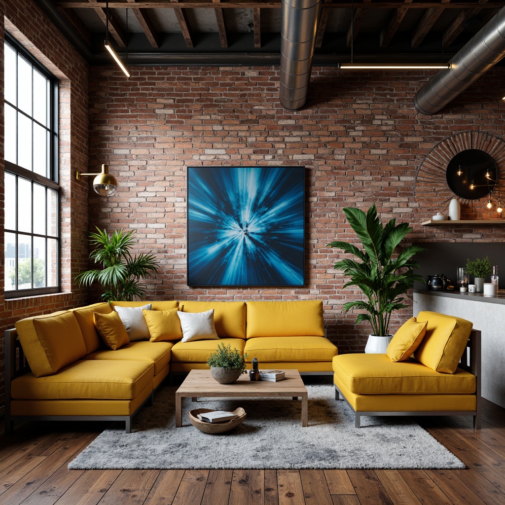 Prompt: Exposed brick walls, metal beams, reclaimed wood floors, industrial chic decor, vibrant color accents, bold yellow furniture, deep blue artwork, rich greenery, modern minimalist lighting, urban loft atmosphere, distressed textures, edgy metallic tones, eclectic mix of vintage and modern pieces, warm natural light, shallow depth of field, 1/1 composition, realistic render.