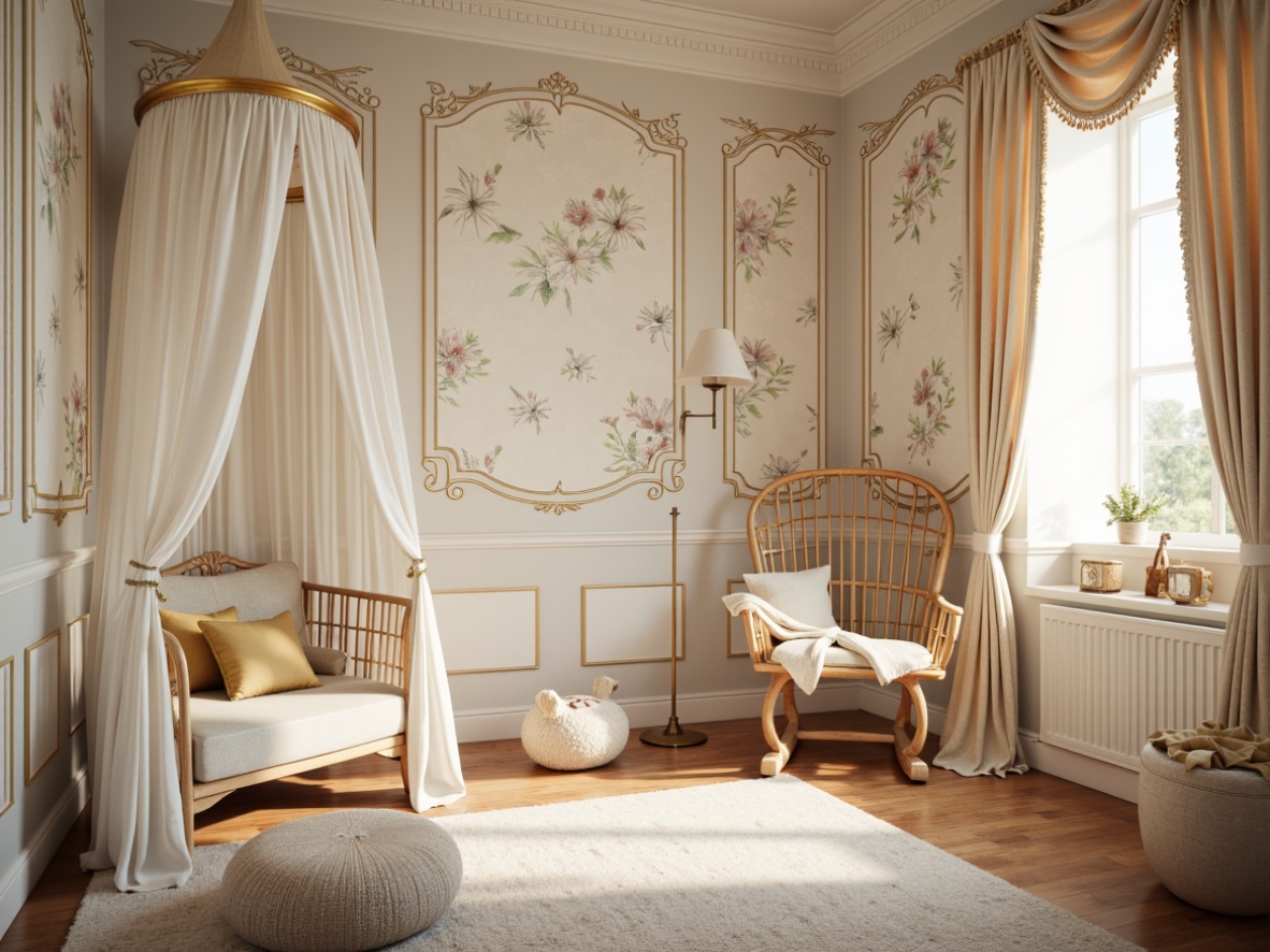 Prompt: Whimsical nursery, soft pastel colors, ornate wallpaper, floral patterns, curlycue designs, golden accents, delicate moldings, creamy whites, warm beige tones, natural wood furniture, carved details, upholstered ottomans, flowing drapery, billowy curtains, romantic lighting, warm glow, shallow depth of field, 1/1 composition, intimate setting, dreamy ambiance, soft focus.