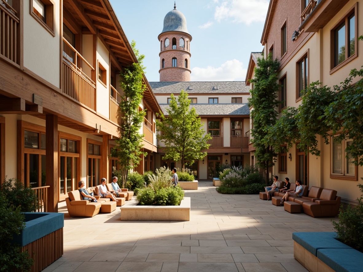 Prompt: Traditional student hall, warm beige walls, rich wood tones, earthy brown furniture, vibrant green accents, bold blue highlights, neutral cream floors, rustic brick exteriors, classic clock tower, lush ivy climbing, sunny afternoon light, soft warm glow, shallow depth of field, 1/1 composition, realistic textures, ambient occlusion.