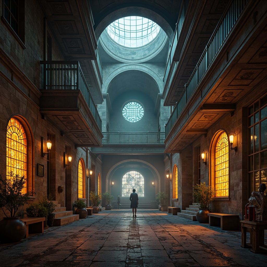 Prompt: Ancient monastery ruins, futuristic neon lights, cyberpunk accents, metallic surfaces, holographic projections, atmospheric fog, sacred symbols, intricate stone carvings, ornate wooden fixtures, stained glass windows, mystical artifacts, eerie silence, dramatic shadows, warm golden lighting, cinematic composition, 1/1 aspect ratio, high contrast, ambient Occlusion.