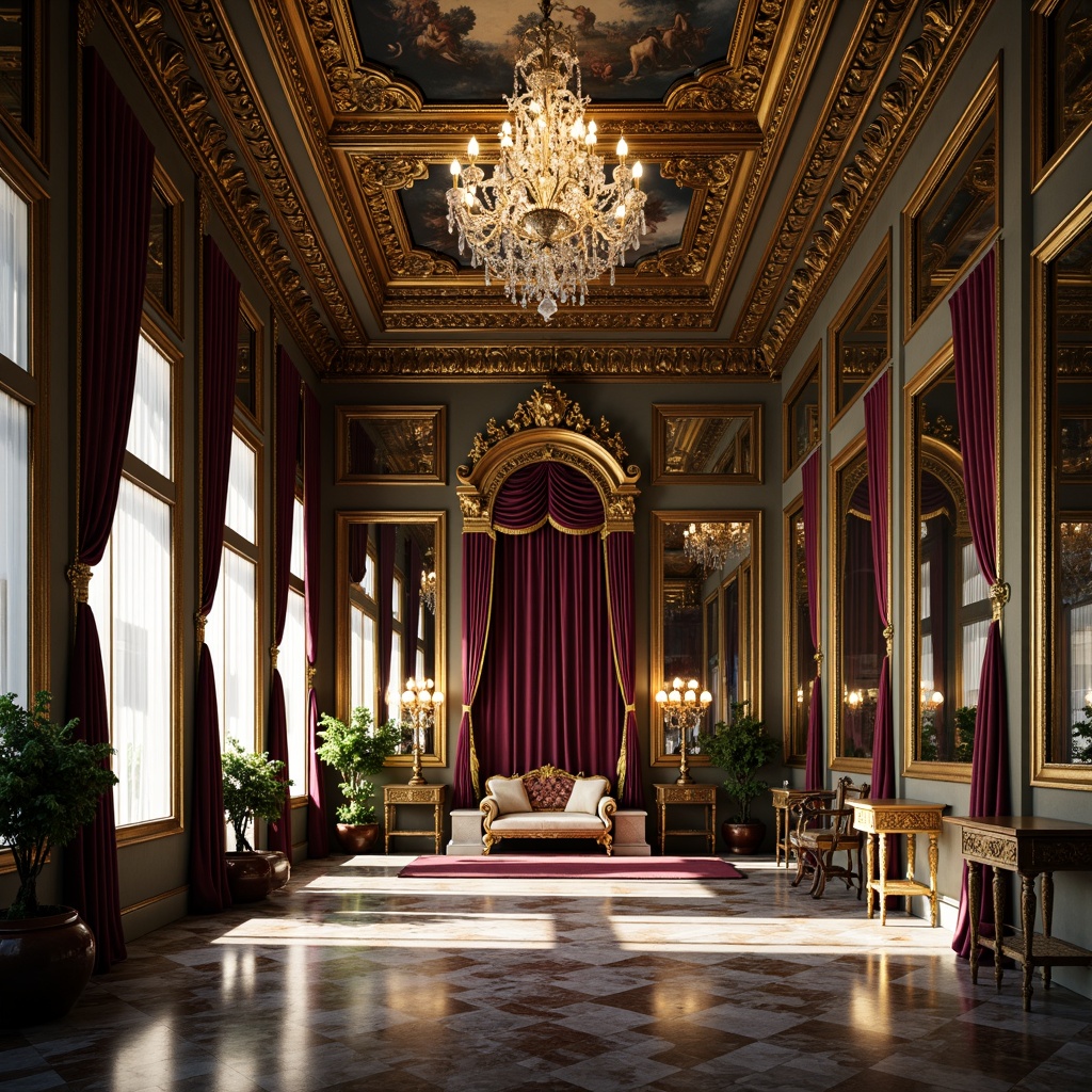 Prompt: Opulent throne room, rich velvet drapes, gilded ornate mirrors, intricate fresco ceilings, lavish crystal chandeliers, majestic marble floors, ornate golden frames, luxurious silk fabrics, jewel-toned colors, emerald greens, sapphire blues, amethyst purples, warm golden lighting, soft focus, atmospheric perspective, 1/2 composition, dramatic shadows, high contrast, realistic textures, ambient occlusion.