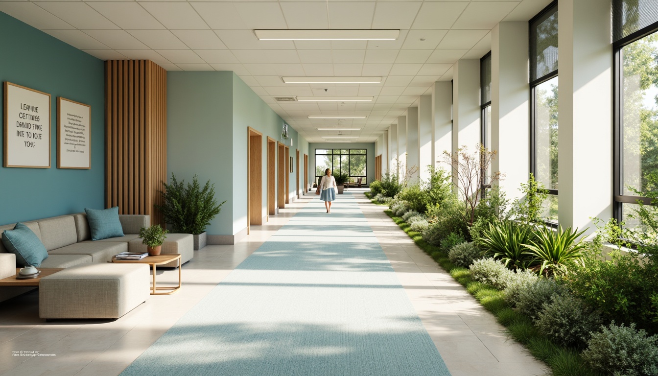 Prompt: Calming medical facility, soothing color scheme, gentle blues, comforting greens, warm beige tones, natural wood accents, soft pastel hues, serene ambiance, peaceful atmosphere, large windows, abundance of natural light, lush greenery, vibrant flowers, subtle texture patterns, minimal ornamentation, clean lines, simplistic design, calming artwork, inspirational quotes, gentle lighting, shallow depth of field, 3/4 composition, realistic textures, ambient occlusion.