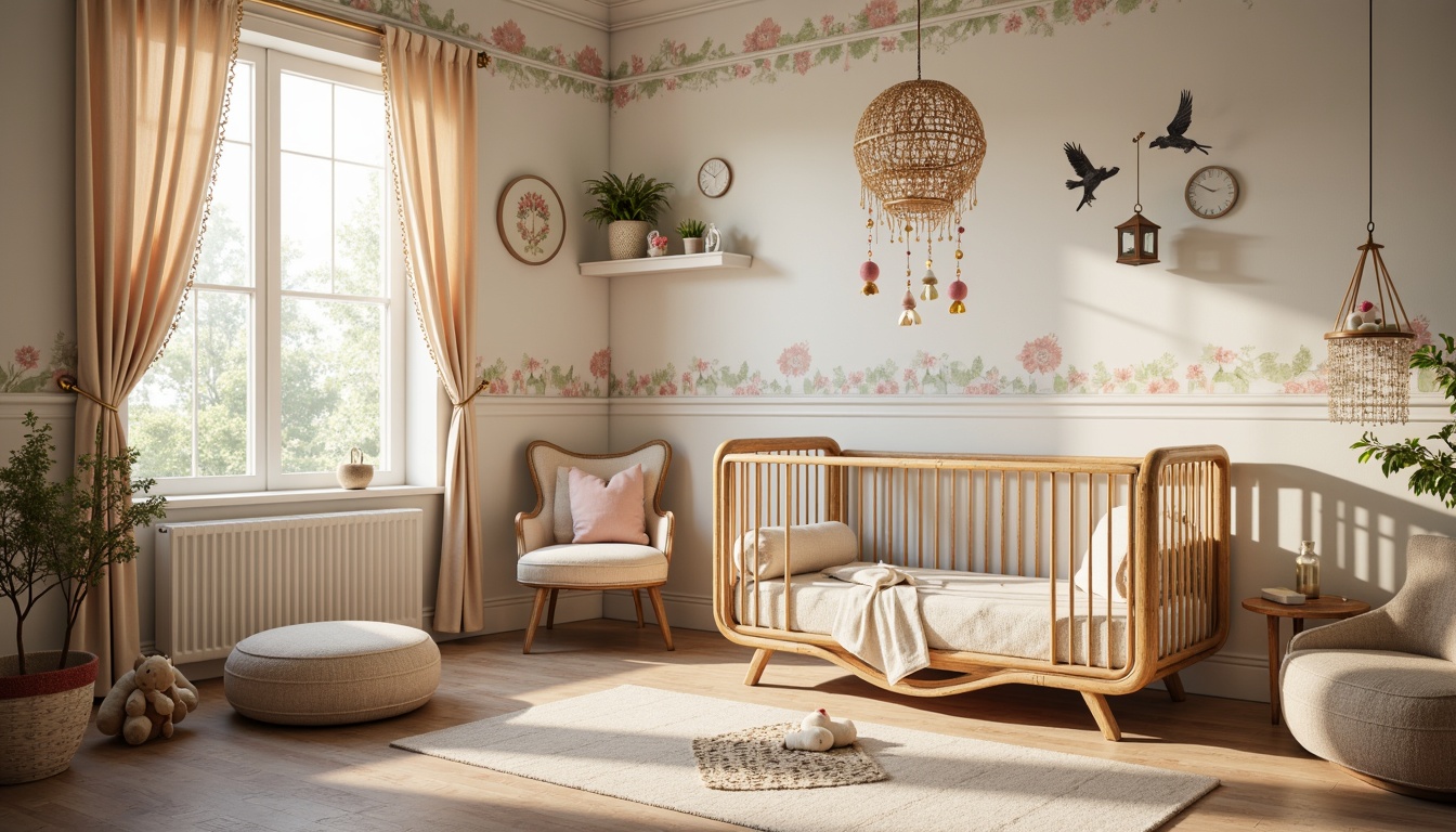 Prompt: Whimsical baby room, sinuous curves, organic shapes, flowing lines, ornate details, soft pastel colors, pale wood tones, velvet upholstery, intricate carvings, gilded accents, floral patterns, curved crib, plush toys, delicate mobiles, beaded curtains, lace trimmings, natural textiles, warm soft lighting, shallow depth of field, 1/1 composition, romantic atmosphere, vintage charm, antique furniture pieces.