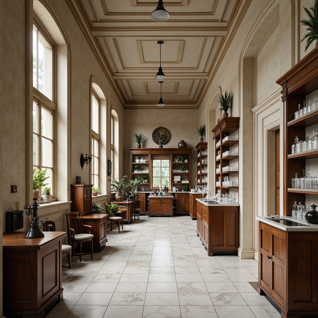 Prompt: Elegant laboratory interior, classical architectural style, ornate columns, arches, neutral color palette, polished marble floors, wooden cabinetry, antique furniture, vintage scientific equipment, glass beakers, metal shelving, soft warm lighting, shallow depth of field, 1/1 composition, realistic textures, ambient occlusion.