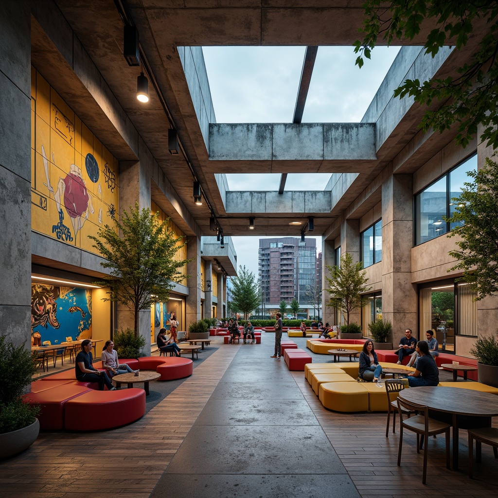 Prompt: Vibrant youth center, brutalist architecture, raw concrete walls, exposed ductwork, industrial metal beams, bold color accents, energetic murals, graffiti-inspired artwork, eclectic furniture, reclaimed wood floors, natural stone accents, urban landscape, gritty cityscape, moody overcast sky, dramatic shadows, high-contrast lighting, wide-angle lens, 2/3 composition, cinematic atmosphere, realistic textures, ambient occlusion.