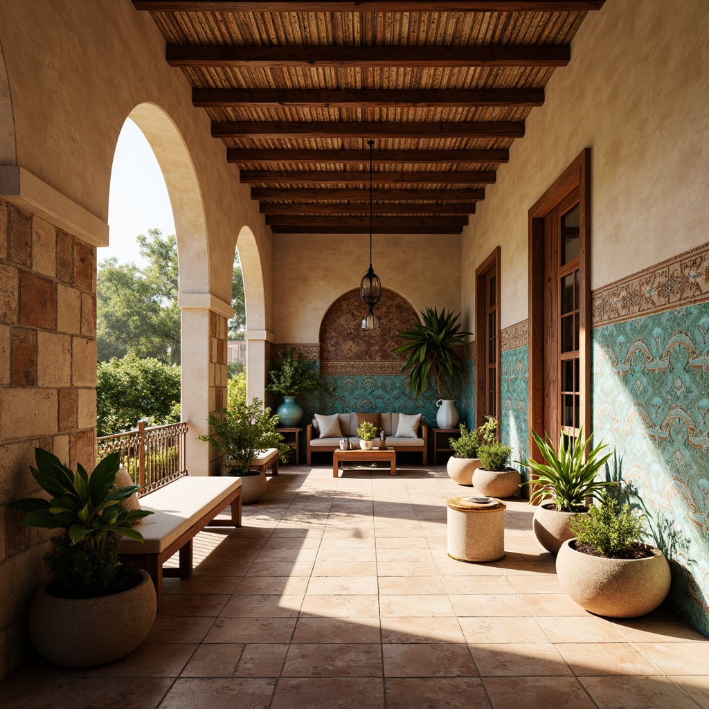 Prompt: Mediterranean-style interior, warm earthy tones, rustic stone walls, distressed wood accents, decorative tile work, vibrant turquoise hues, natural woven textiles, organic patterns, curved archways, ornate metalwork, ambient soft lighting, shallow depth of field, 3/4 composition, realistic textures, warm beige stucco, aged wooden beams, hand-painted ceramics, intricate mosaics, lush greenery, potted plants, sunny day, soft warm glow.