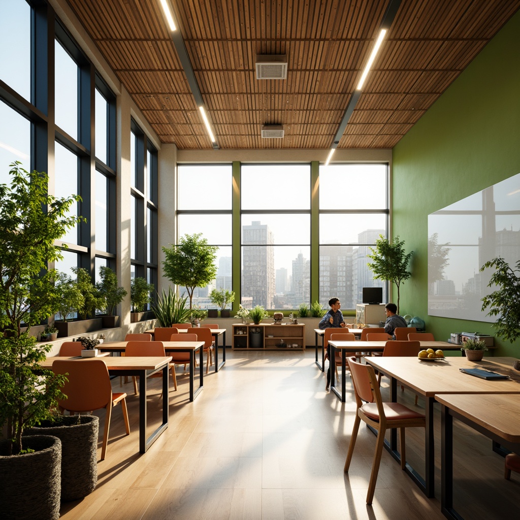 Prompt: Vibrant educational setting, abundant natural light, floor-to-ceiling windows, wooden flooring, minimalist desks, ergonomic chairs, interactive whiteboards, collaborative learning spaces, green walls, living plants, warm color scheme, cozy atmosphere, soft diffused lighting, shallow depth of field, 3/4 composition, panoramic view, realistic textures, ambient occlusion.