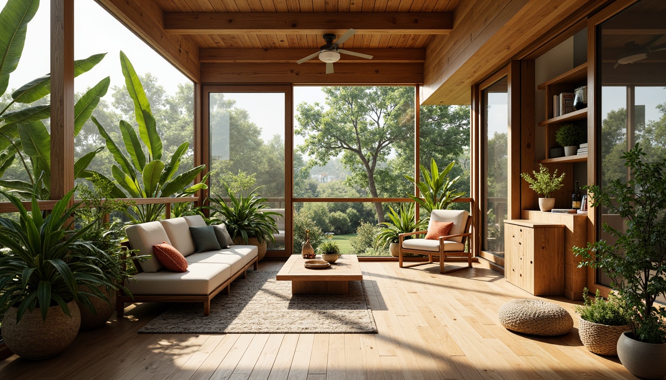 Prompt: Vibrant sunroom, abundant natural light, mid-century modern style, large windows, sliding glass doors, minimalist decor, sleek wooden floors, comfortable seating areas, lush greenery, potted plants, botanical patterns, warm earthy tones, organic textures, geometric shapes, 1/1 composition, soft warm lighting, shallow depth of field, realistic renderings, ambient occlusion.