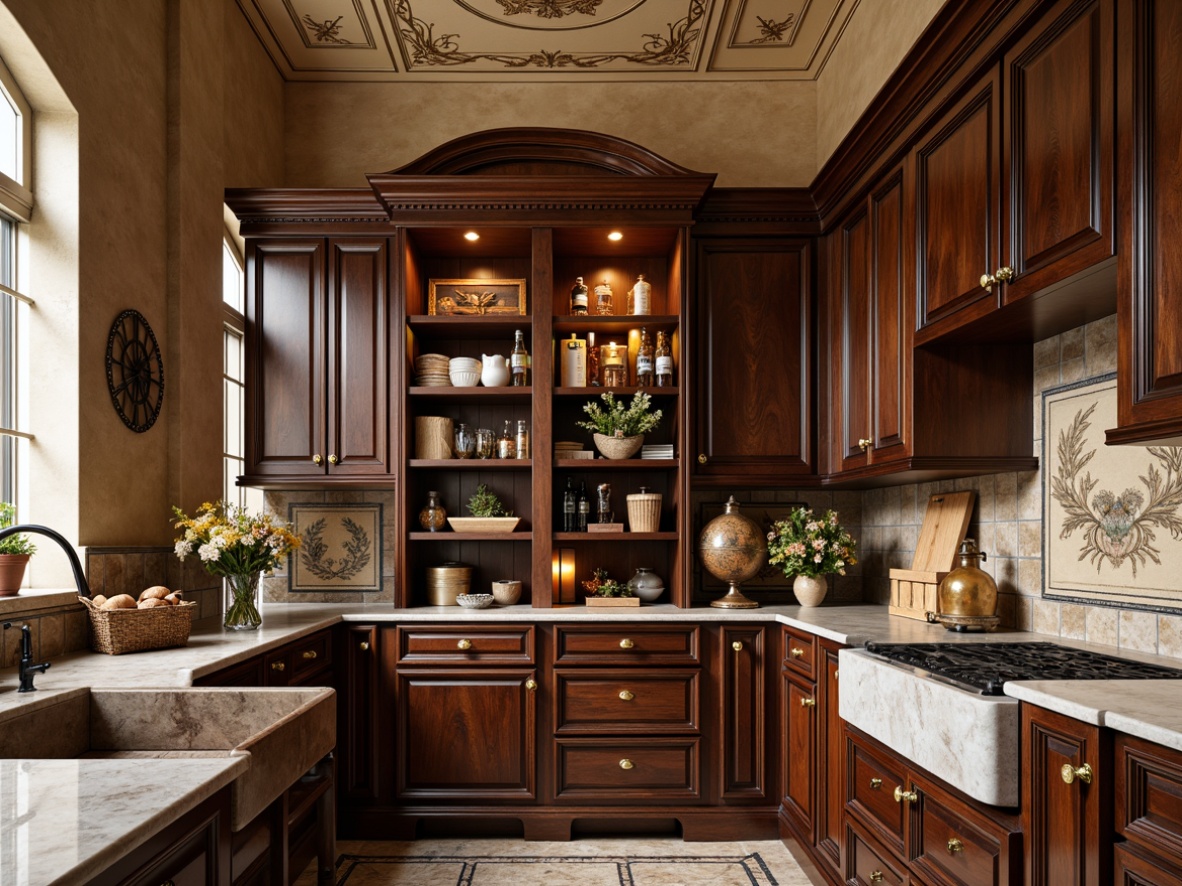 Prompt: Renaissance-style pantry, ornate cabinetry, rich wood tones, golden hardware, intricate carvings, crown molding, soft warm lighting, 3/4 composition, shallow depth of field, realistic textures, ambient occlusion, classic architectural details, luxurious finishes, elegant proportions, bespoke storage solutions, decorative trim work, hand-painted murals, distressed finishes, vintage-inspired accessories, rustic wooden crates, woven baskets, fresh flowers, natural stone countertops, farmhouse sink, high-arched windows, warm beige walls.