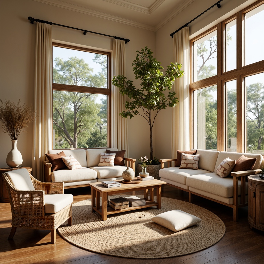 Prompt: Cozy living room, plush throw pillows, soft velvet sofas, woven basket chairs, natural fiber rugs, warm beige walls, large windows, abundant sunlight, comfortable reading nooks, rustic wooden coffee tables, decorative vases, elegant curtains, subtle patterns, earthy tones, inviting ambiance, relaxing atmosphere, soft focus, shallow depth of field, 3/4 composition.