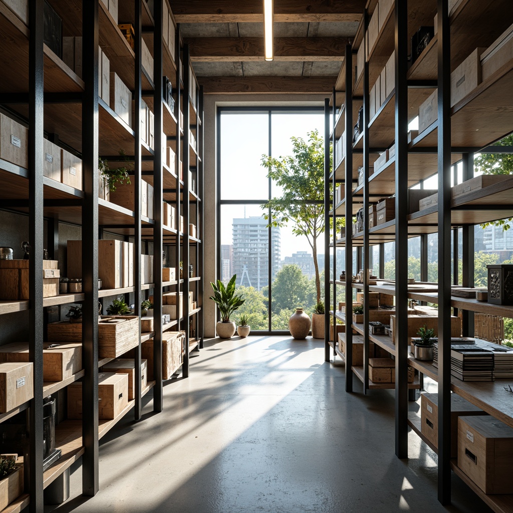 Prompt: Modern storage room, transparent glass shelves, reflective surfaces, sleek metal frames, industrial chic decor, organized storage systems, minimalist aesthetic, natural light pouring in, soft warm glow, shallow depth of field, 1/1 composition, panoramic view, realistic textures, ambient occlusion, urban loft atmosphere, reclaimed wood accents, polished concrete floors, geometric patterns, functional lighting, spacious interior.