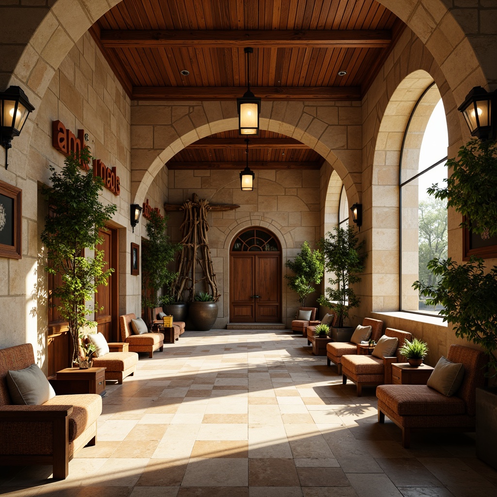 Prompt: Rustic student hall, warm beige stone walls, rich wooden accents, classic red brick facades, vintage-inspired lanterns, lush green ivy climbers, cozy reading nooks, comfortable plush furniture, earthy tone color palette, natural light pouring in, soft box lighting, 1/1 composition, intimate atmosphere, realistic textures, subtle ambient occlusion.