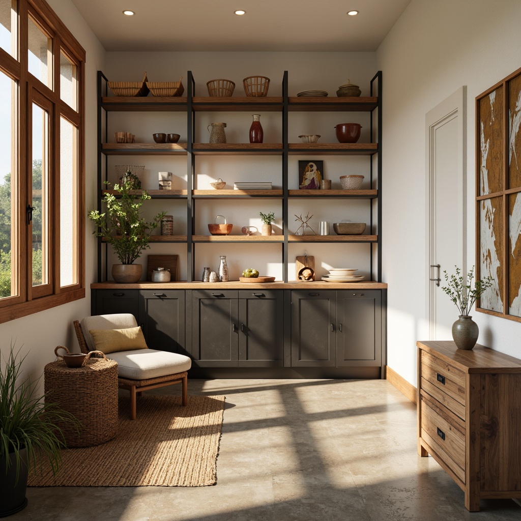 Prompt: Cozy storage room, wooden shelving units, metal cabinets, woven baskets, soft warm lighting, creamy white walls, polished concrete floors, modern minimalist decor, functional furniture pieces, hidden storage compartments, sliding door systems, industrial-chic accents, reclaimed wood textures, earthy color palette, 1/1 composition, shallow depth of field, realistic rendering.