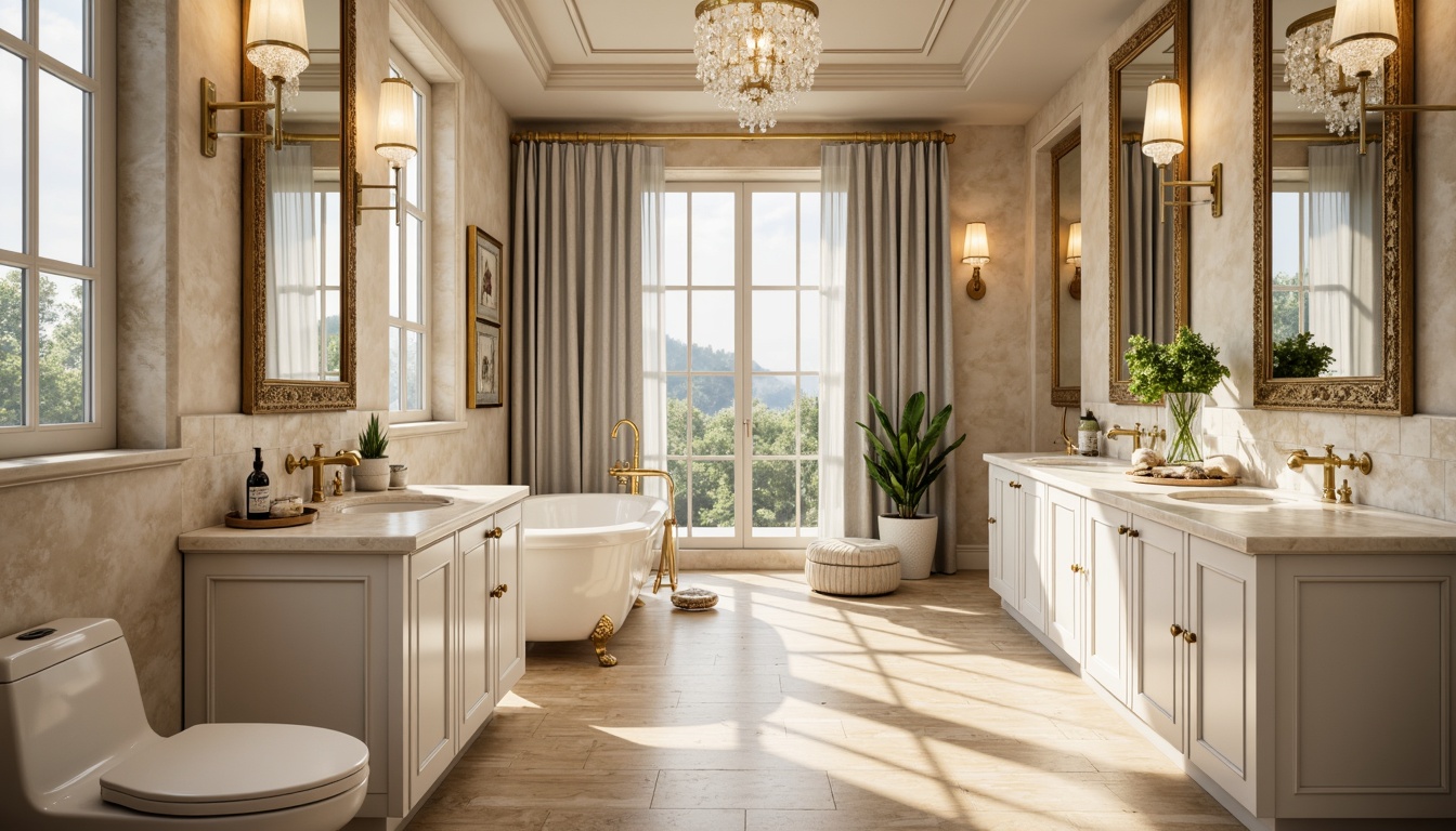 Prompt: Creamy marble countertops, ornate gold fixtures, soft white cabinetry, elegant crystal chandeliers, rich wood flooring, subtle grey veining, ornamental mirror frames, delicate ceramic tiles, luxurious velvet drapes, warm beige walls, sophisticated freestanding tubs, polished chrome faucets, serene ambient lighting, 1/1 composition, shallow depth of field, realistic textures, ambient occlusion.