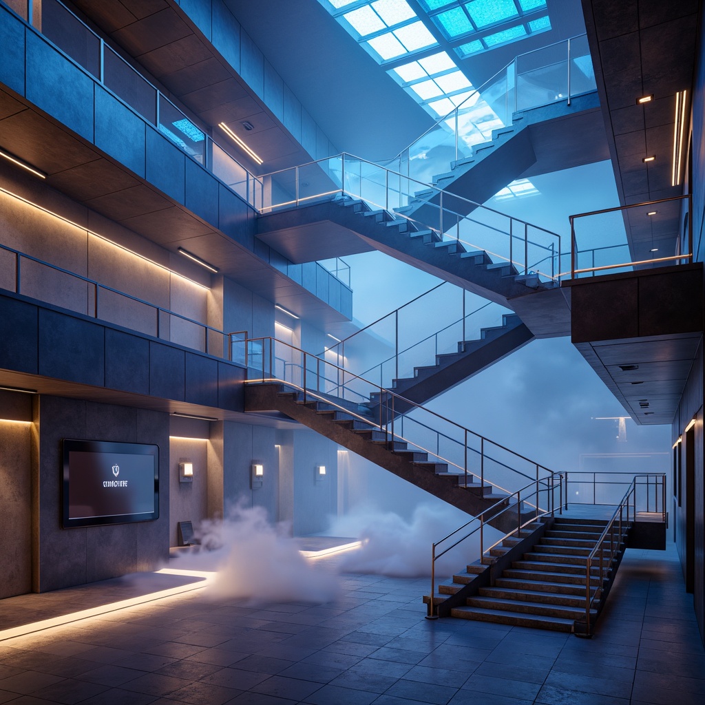 Prompt: Floating staircases, futuristic railings, LED lighting strips, glass balustrades, minimalist landings, cantilevered steps, metallic surfaces, neon-lit ambiance, atmospheric fog, low-poly 3D models, reflective floors, holographic projections, angular geometries, dynamic shapes, sci-fi inspired materials, glowing accents, misty atmosphere, shallow depth of field, 1/1 composition, cinematic camera angles, realistic reflections.