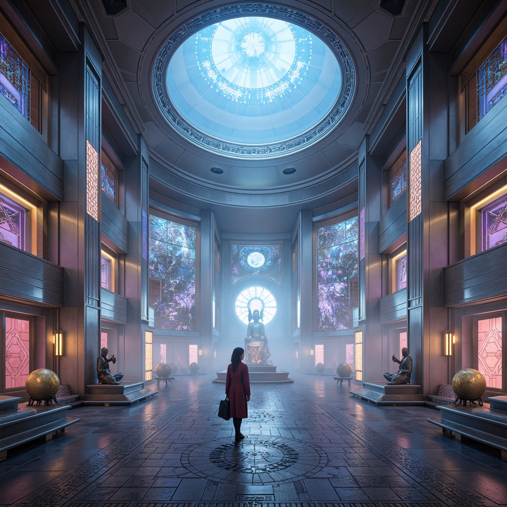 Prompt: Futuristic monastery, celestial dome, gleaming silver surfaces, neon-lit corridors, holographic murals, levitating lanterns, ethereal ambiance, misty atmosphere, glowing orbs, sacred relics, futuristic altarpieces, cyberpunk-inspired statues, geometric-patterned floors, iridescent stained glass windows, minimalist chambers, meditation areas, virtual reality prayer rooms, holographic chanting monks, soft pulsing lighting, shallow depth of field, 3/4 composition, panoramic view, realistic metallic textures, ambient occlusion.