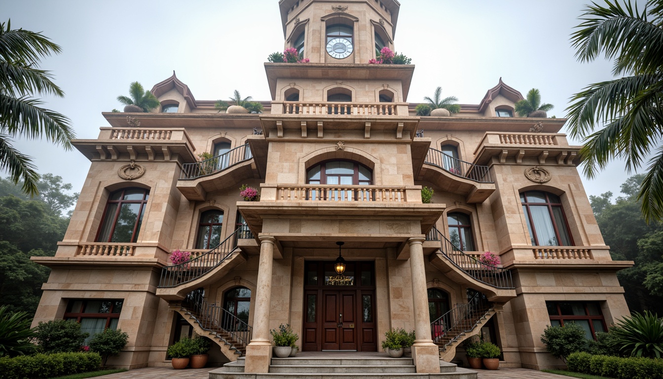 Prompt: Grand courthouse building, ornate clock tower, intricate stone carvings, rusticated base, granite columns, bronze door handles, stepped silhouette, asymmetrical massing, playful juxtapositions, vibrant colorful accents, whimsical sculptural elements, cantilevered staircases, dynamic angular lines, irregular forms, richly textured materials, warm earthy tones, soft natural lighting, atmospheric misting, shallow depth of field, 2/3 composition, realistic reflections, ambient occlusion.