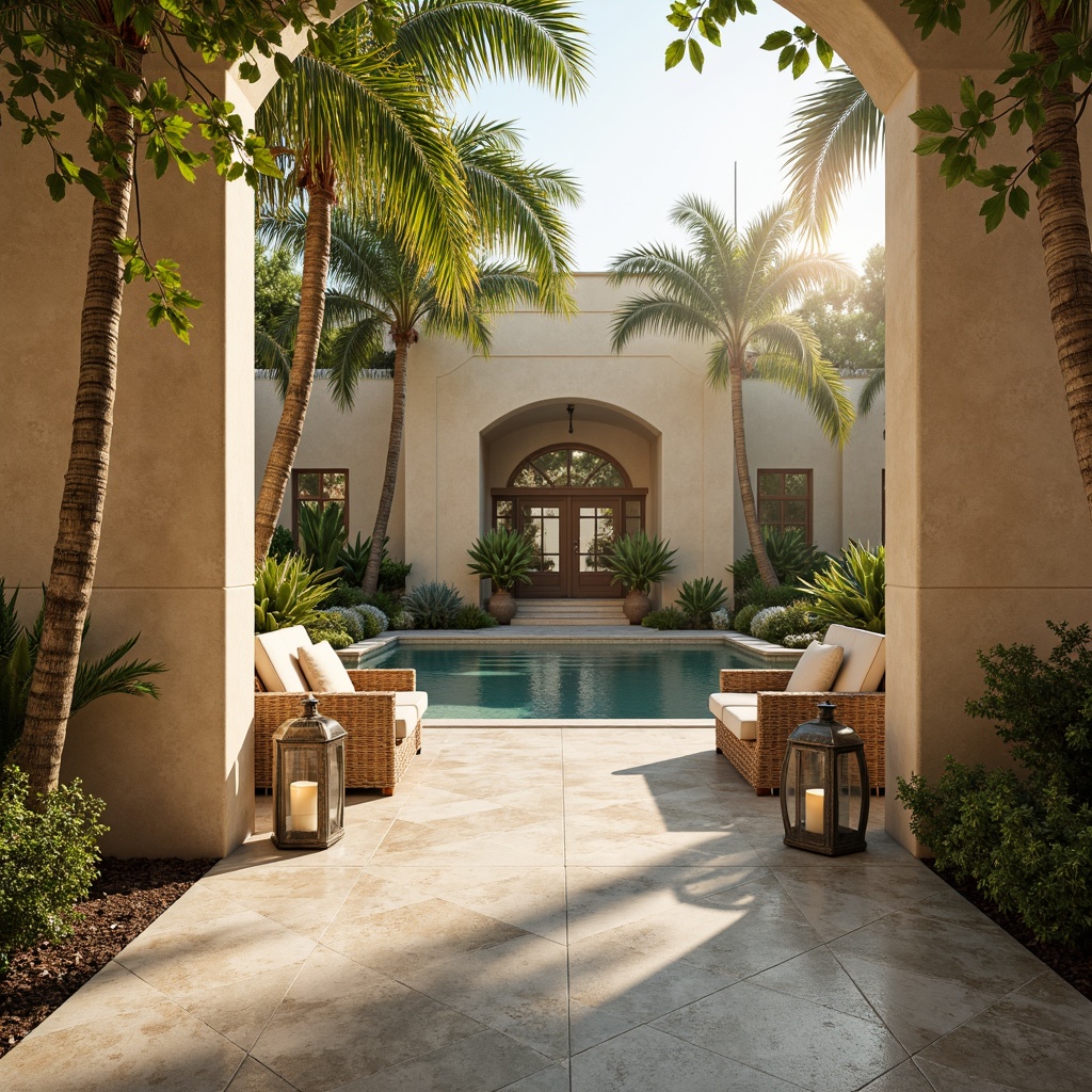 Prompt: Warm beige walls, soft cream accents, calming blue-green tiles, natural stone floors, distressed wood furniture, woven rattan decor, ornate metal lanterns, lush green plants, tranquil water features, sunny Mediterranean courtyard, warm golden lighting, shallow depth of field, 2/3 composition, realistic textures, ambient occlusion.