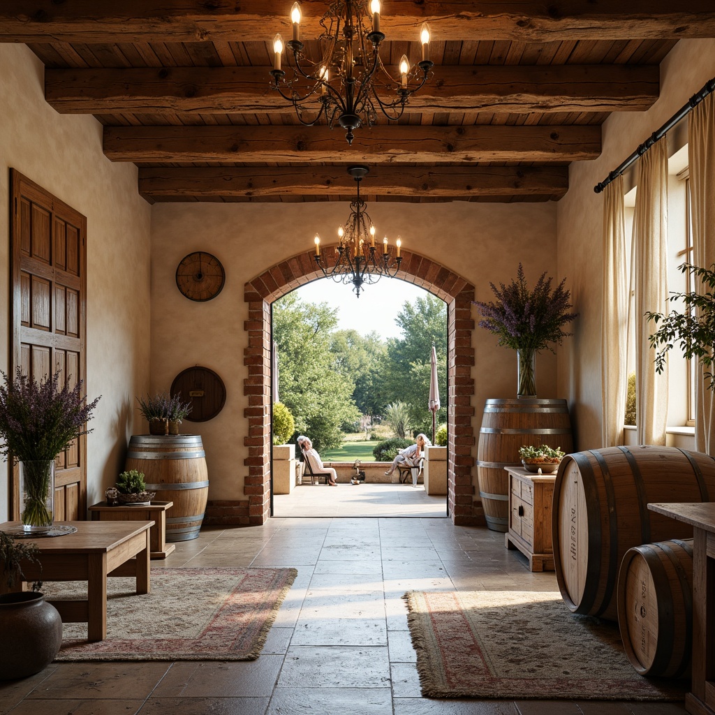 Prompt: Rustic winery, distressed wooden barrels, vintage wine-making equipment, soft candlelight, warm beige walls, distressed stone floors, natural fiber rugs, elegant chandeliers, ornate metalwork, floral patterns, pastel color palette, lace curtains, antique furniture pieces, mercury glass vases, lavender bouquets, aged brick archways, French country-inspired decor, whimsical garden views, warm golden lighting, shallow depth of field, 1/2 composition.