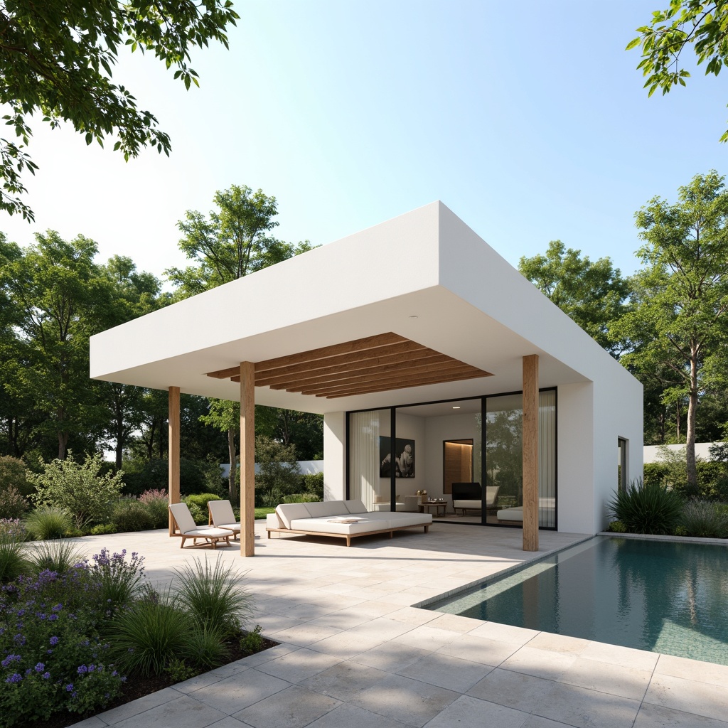 Prompt: Simple white pavilion, minimal ornamentation, natural stone flooring, open air circulation, transparent glass walls, retractable roof, modern metal beams, sleek lines, limited color palette, abundant natural light, soft diffused shadows, 1/1 composition, realistic textures, ambient occlusion, serene atmosphere, peaceful ambiance, subtle water features, surrounding greenery, lush vegetation, blooming flowers, warm sunny day.