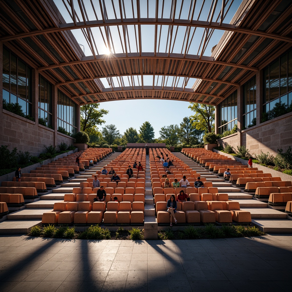 Prompt: Amphitheater seating arrangement, contemporary style, curved rows, tiered platforms, sleek metal frames, cushioned seats, vibrant colored upholstery, dynamic lighting systems, ambient sound effects, futuristic ambiance, open-air atmosphere, panoramic views, 3/4 composition, shallow depth of field, realistic textures, subtle shading, warm sunny day, soft natural light, minimalist decor, modern architecture, bold geometric shapes.