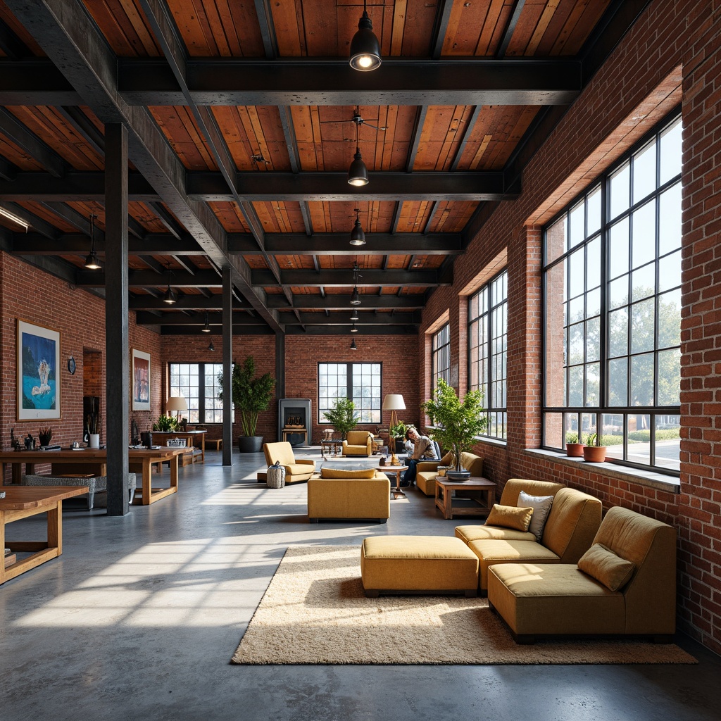 Prompt: Industrial warehouse, exposed brick walls, metal beams, concrete floors, minimal decor, functional lighting, bold color accents, neutral background tones, earthy reds, deep blues, industrial greys, warm yellows, rustic textures, distressed finishes, urban atmosphere, natural light, high ceilings, open spaces, modern machinery, sleek metallic surfaces, contrasting color schemes, dramatic shadows, dynamic composition, realistic renderings.