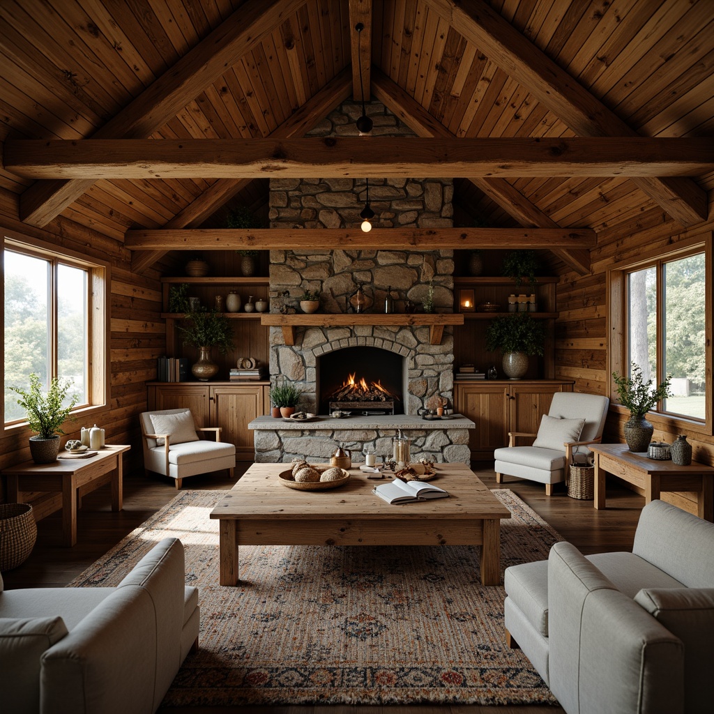 Prompt: Rustic wooden cabin, natural stone foundation, earthy color palette, reclaimed wood accents, vintage metal decorations, distressed finishes, cozy fireplace, plush furnishings, warm ambient lighting, shallow depth of field, 1/1 composition, intimate close-up shots, realistic textures, ambient occlusion.